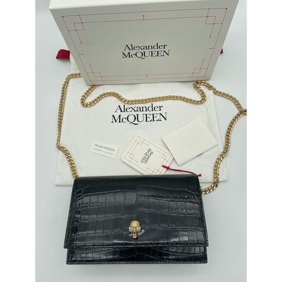 NEW ALEXANDER MCQUEEN BLACK LEATHER SKULL CROC CHAIN BAG PURSE NWT BOX - Picture 4 of 12